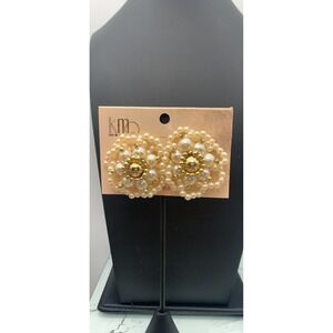 Vintage New Old Stock KMQ Faux Pearl And Gold Tone Cluster Flower Clip On Earrin